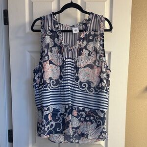 CAbi Navy and White Striped Paisley Blouse